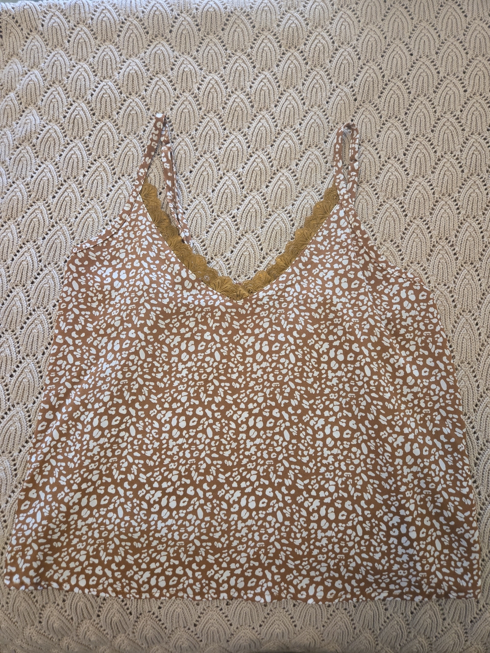 SHEIN Tan and White Leopard Print Lace-Trim Cami